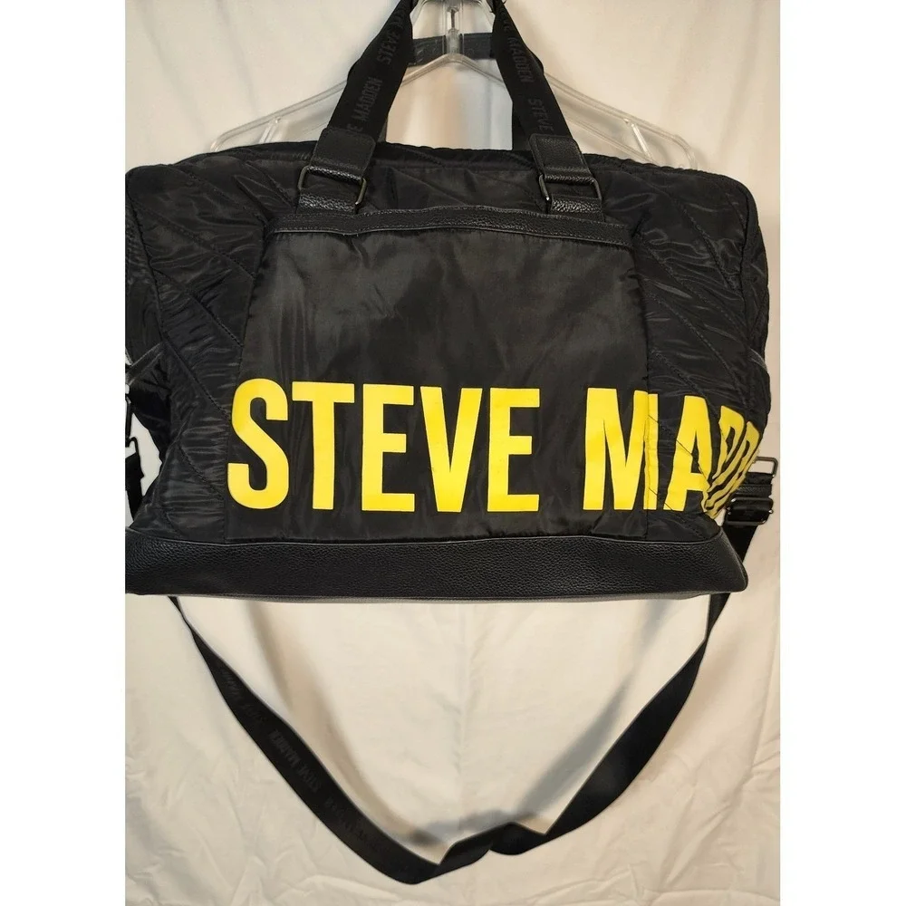 Steve Madden Black‎ Quilted Nylon Duffle Weekender Bag Yellow Logo Graphic Mens